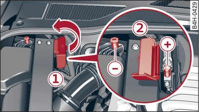 Compartimento do motor: ligações para o carregador e o cabo auxiliar do arranque